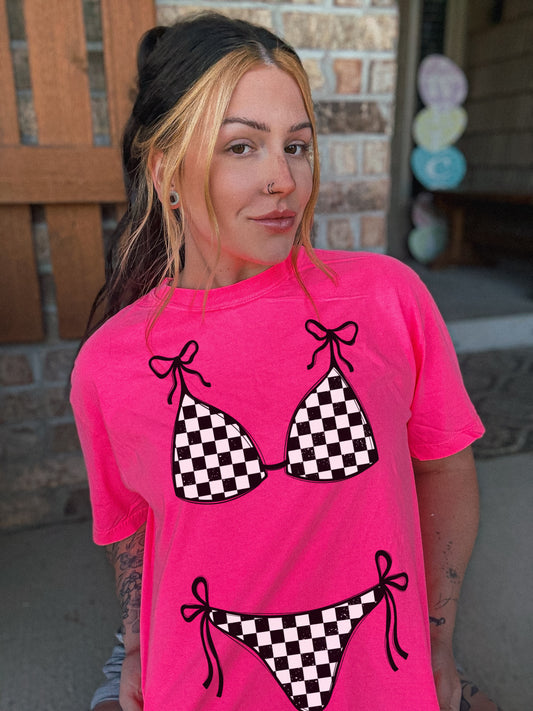 Checkered bathing suit tee