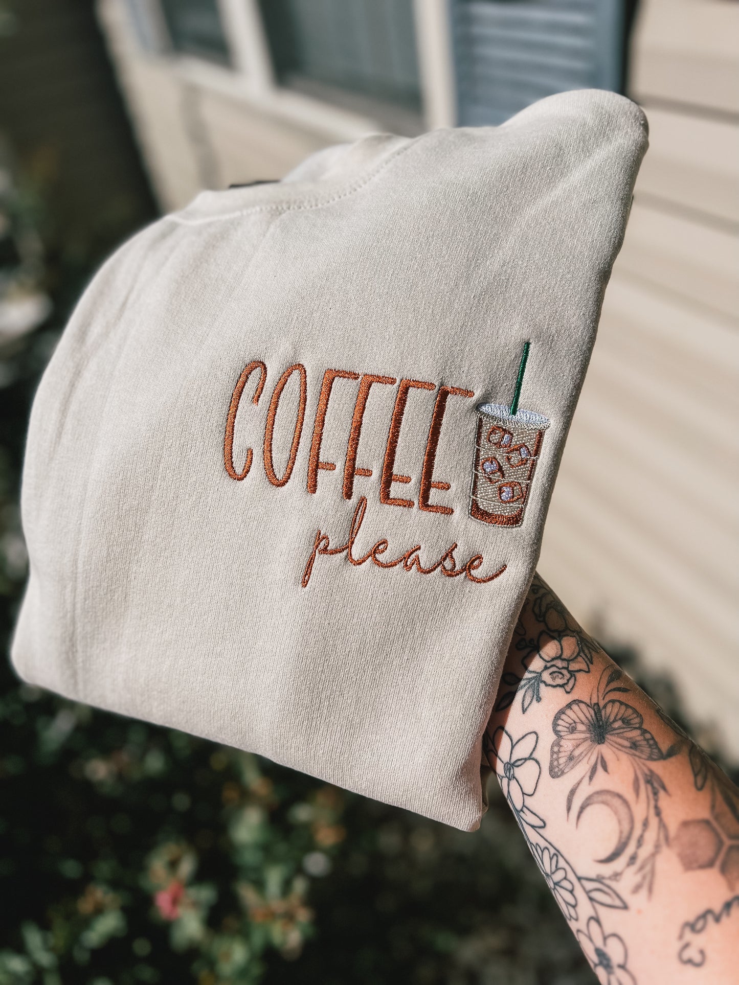 Solid coffee please embroidered design