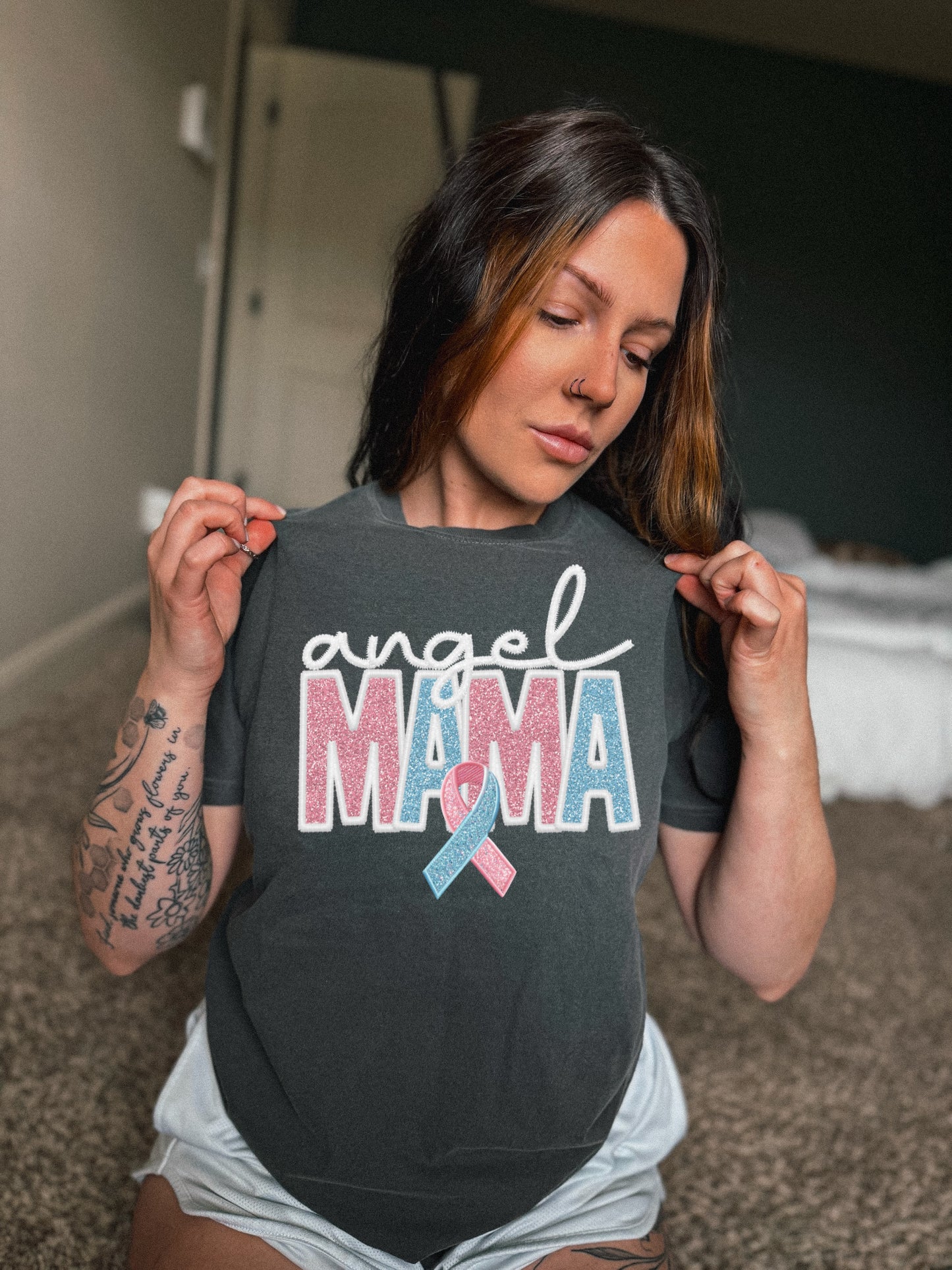 Angel mama unisex tee faux embroidery